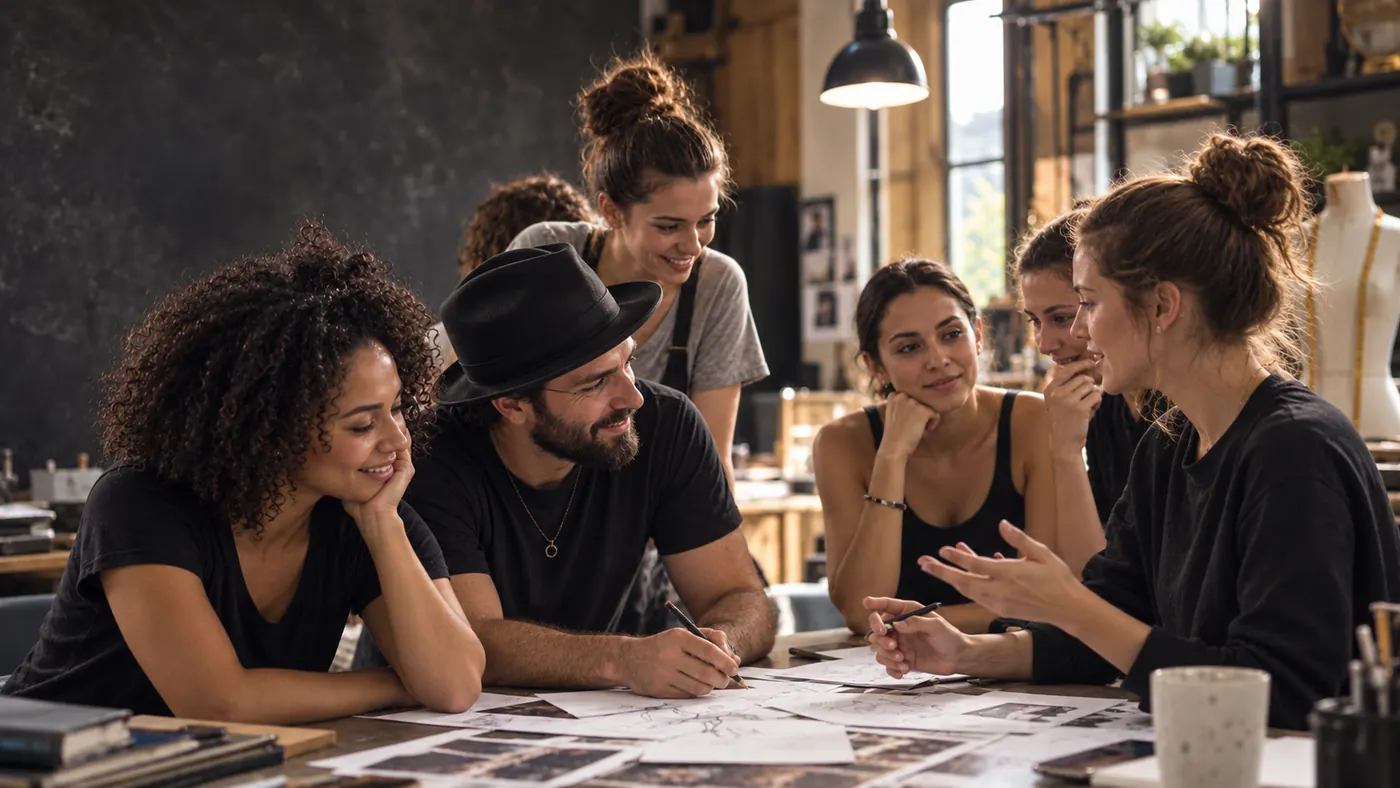 Un gruppo di giovani artisti progetta insieme attorno a un tavolo di disegni