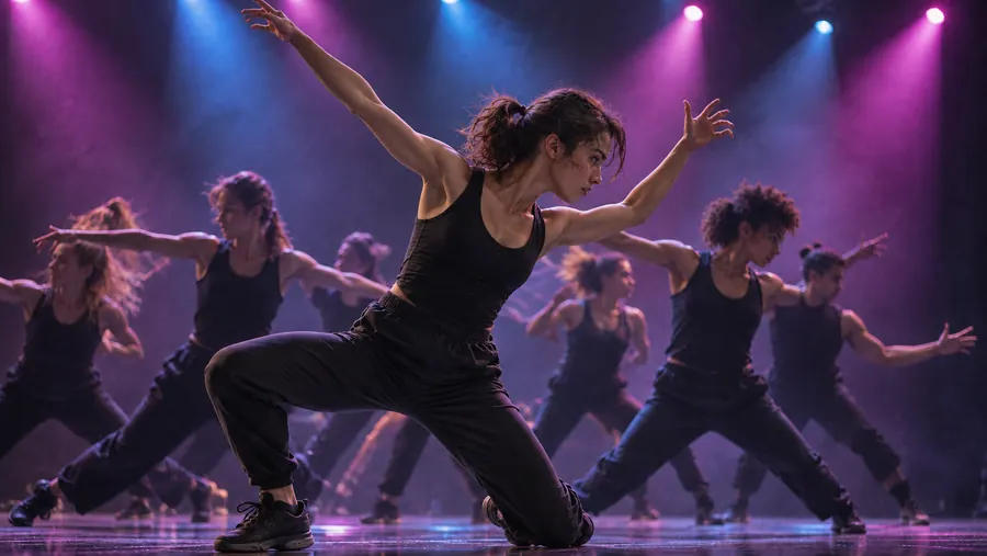 Ballerini in scena sotto le luci viola durante una coreografia
