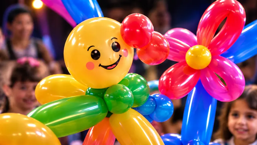 Sculture di palloncini colorati davanti a bambini sorridenti