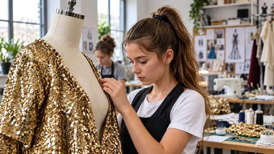 Una ragazza sistema un abito di paillettes dorate su un manichino in atelier